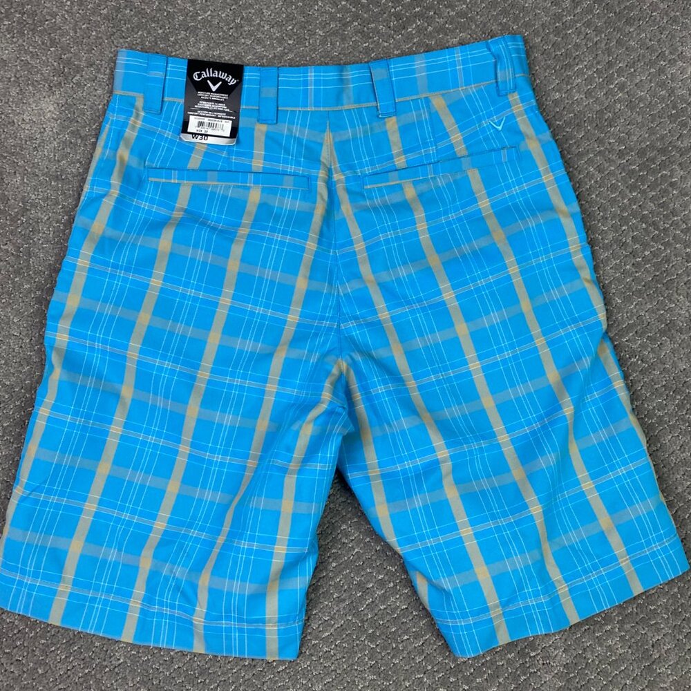 Callaway Golf Shorts Mens 30 Dresden Blue Plaid Check Flat Front Performance 10"